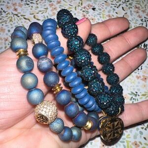 Rustic Cuff 4 Bracelets blue gold stretchy stack OS women’s
